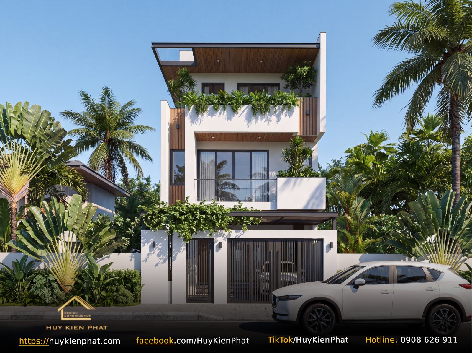 Mẫu thiết kế nhà phố 3 tầng hiện đại phong cách Tropical xanh mát – Mặt tiền chính diện