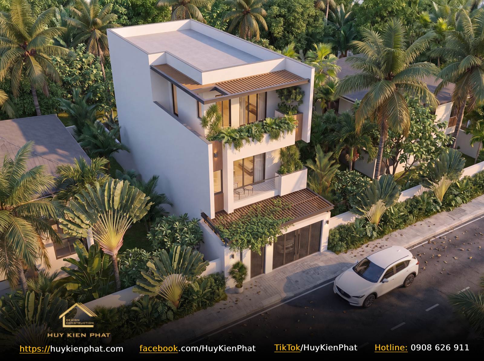 Phối cảnh góc nhìn từ trên cao (chim bay) mẫu nhà phố 3 tầng mái bằng hiện đại