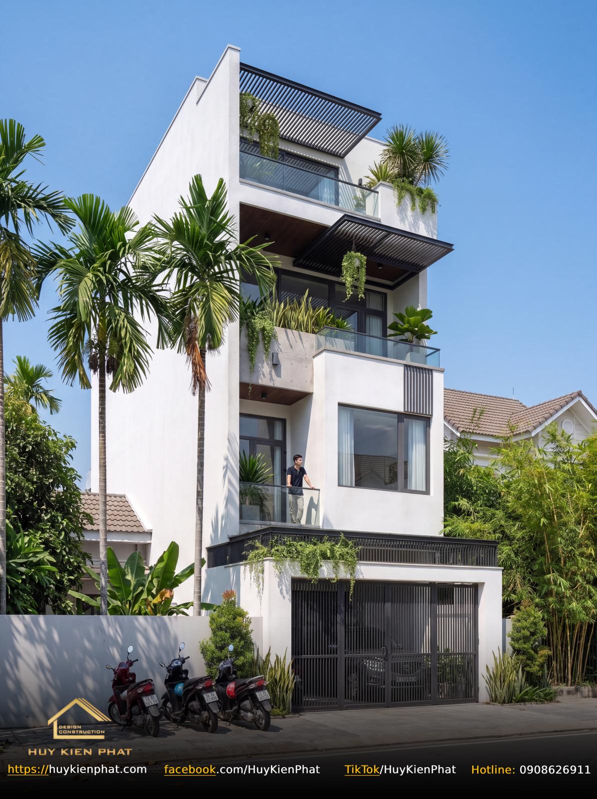 Toàn cảnh kiến trúc nhà phố 4 tầng phong cách hiện đại nhìn từ góc trái